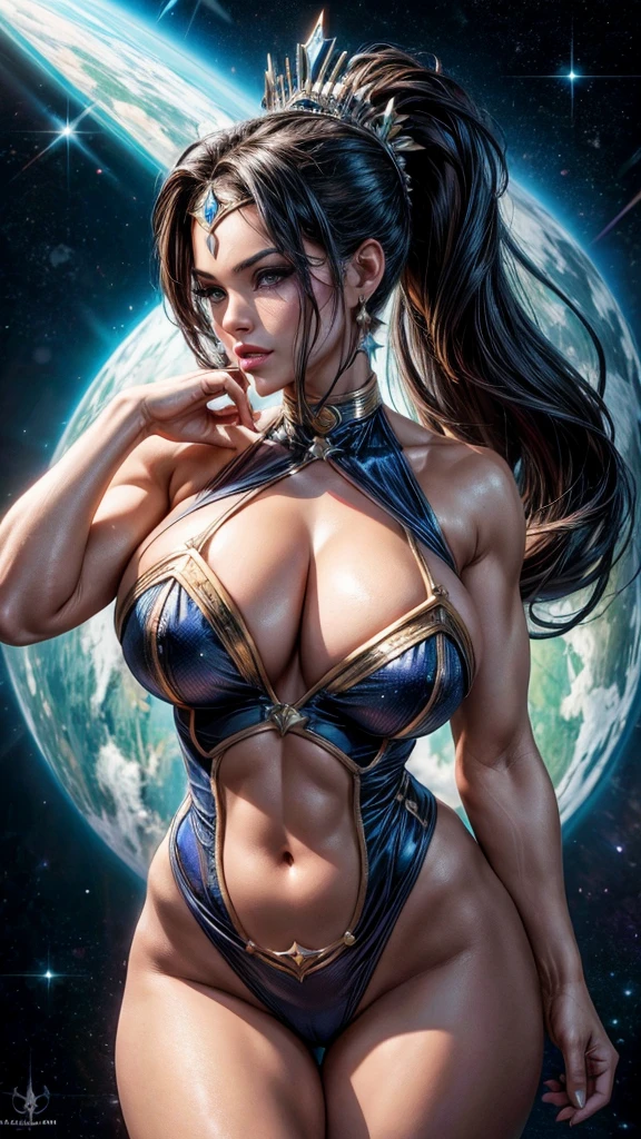 ( Masterpiece, 8k resolution, ultra-realistic, very detailed) Sexy star sapphire cosmic super heroine, Latina Adult model Daisy Marie(wears a tiara/headband) photography by artgerm, in the style of realism, glistening skin, cartooncore, mangacore, natural lighting, Defined full lips. Muscular Latina Adult model Daisy Marie, fitness feminine, body huge breasts, excessivecleavage, sideboob, (In space) (ponytail)