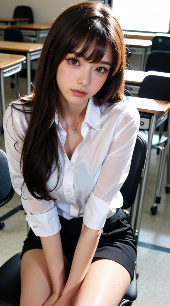 ((Highest quality, High resolution, Hmph, Pixel perfect, 4K, Hmph, Hmph))), single, alone, Beauty、The whole body is visible、 ((Long Hair, bangs, Brown Hair)), ((Brown eyes, Beautiful eyelashes, Realistic eyes)), ((Detailed face, Blushing:1.2)), ((Smooth texture:0.75, Realistic texture:0.65, Realistic:1.1, Detailed Photos)), Medium chest, Dynamic Angle, Perfect body, ((Unbuttoned shirt、I'm not wearing shoes、White Sox)), An empty classroom、Sit at a desk、Lower&#39;I took my feet off the desk.............................................................、evening、、、Very embarrassing panic smile、(Spread your legs、Knees wide open、Floral lace panties)、、(Pink lace bra)、Angle from below、((Prostitute))、((Sexy))