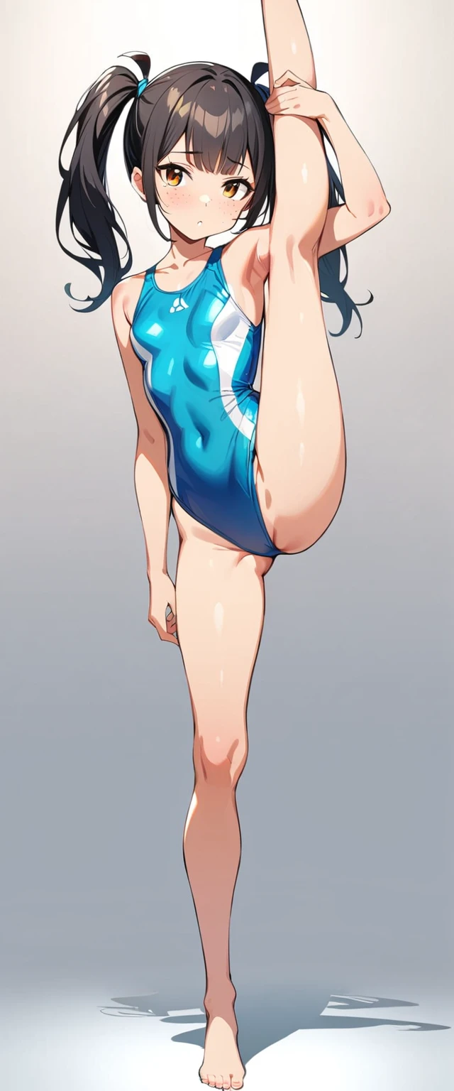 masterpiece, fullbody,, best quality, ridiculous, high resolution, 4k, ray tracing, intricate details, very detailed, (1girl: perfect face, small breasts , black hair, , twin tails, freckles,) ,standing split,full body,standing on one leg,white background,swimming suit