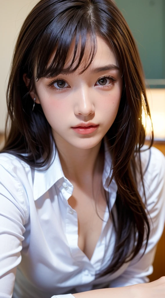 ((Highest quality, High resolution, Hmph, Pixel perfect, 4K, Hmph, Hmph))), single, alone, Beauty、The whole body is visible、 ((Long Hair, bangs, Brown Hair)), ((Brown eyes, Beautiful eyelashes, Realistic eyes)), ((Detailed face, Blushing:1.2)), ((Smooth texture:0.75, Realistic texture:0.65, Realistic:1.1, Detailed Photos)), Medium chest, Dynamic Angle, Perfect body, ((Unbuttoned shirt、I'm not wearing shoes、White Sox)), An empty classroom、Sit at a desk、Lower&#39;I took my feet off the desk.............................................................、evening、、、Very embarrassing panic smile、(Spread your legs、Knees wide open、Floral lace panties)、、(Pink lace bra)、Angle from below、((Prostitute))、((Sexy))