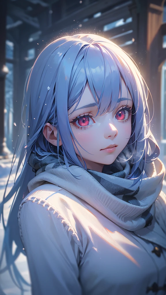 1girl, long blue hair, red eyes, scarf, snow landscape, sunlight reflecting on snow, volumetric lighting, cinematic lighting, depth of field, highly detailed, 8k, photorealistic, masterpiece, studio lighting, intricate details, beautiful detailed eyes, beautiful detailed lips, extremely detailed face, elegant pose