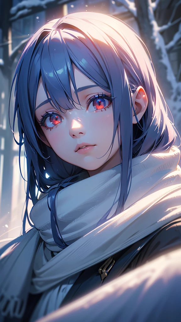 1girl, long blue hair, red eyes, scarf, snow landscape, sunlight reflecting on snow, volumetric lighting, cinematic lighting, depth of field, highly detailed, 8k, photorealistic, masterpiece, studio lighting, intricate details, beautiful detailed eyes, beautiful detailed lips, extremely detailed face, elegant pose