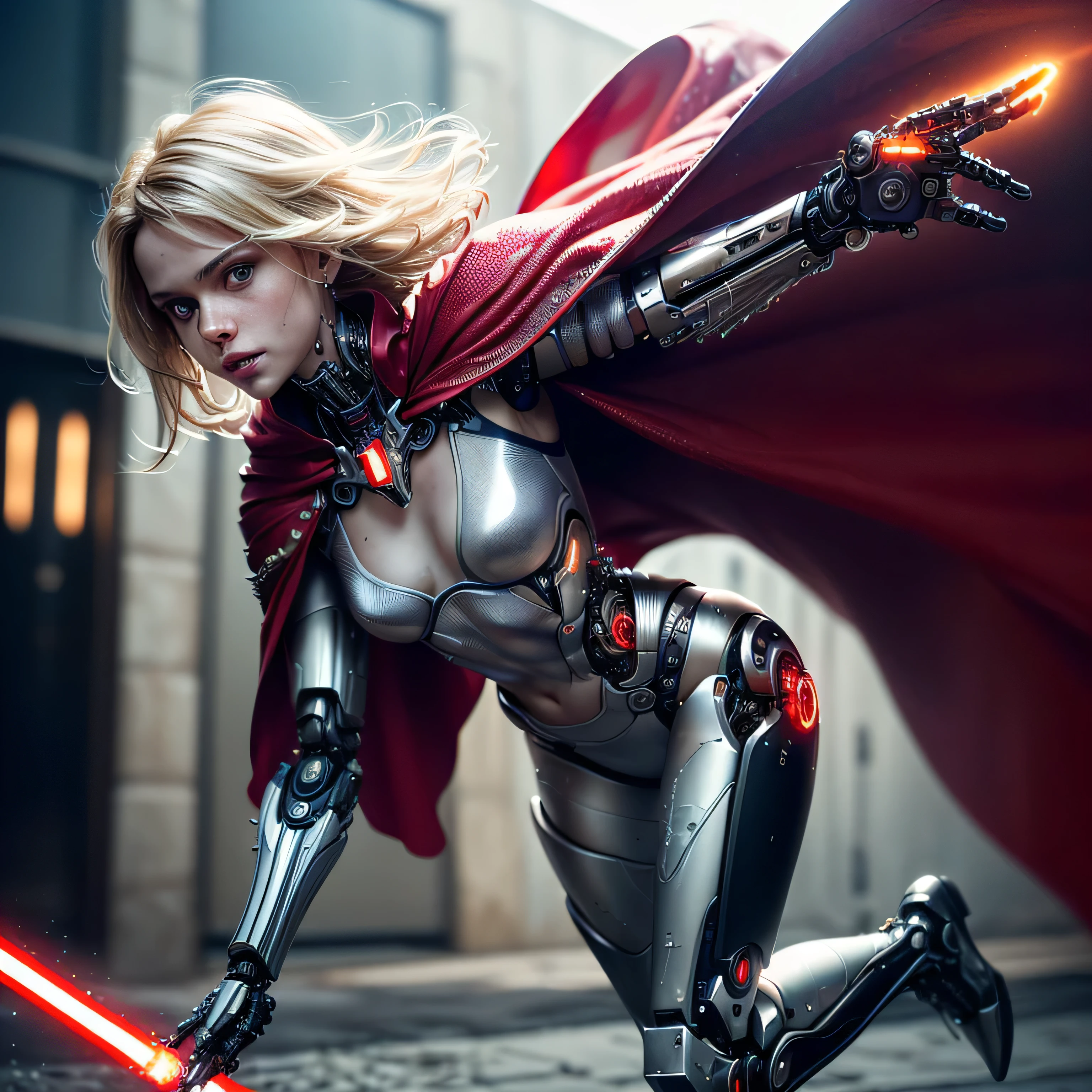 (masterpiece, photorealistic:1.4, extremely intricate:1.3), (photon mapping, radiosity, physically based rendering, ultra resolution, hyper-realistic, hyper-realistic, 8K, (dtx)),  supermodel , ((lacquered white perfectchainmail armor:0.8, ((mechanical limbs, cybernetic arms, futuristic cyborg, ((weapon))), tattered red cape), lightsaber, intense, [skin detail:freckles:0.8])), metal reflections, blank background, empty room, dark room, black background, no scenery, professional photograph, (straight blonde hair, wind, windy, running dynamic movement pose, arm raised), sharp focus, dramatic, award winning, (film grain, bokeh, inte