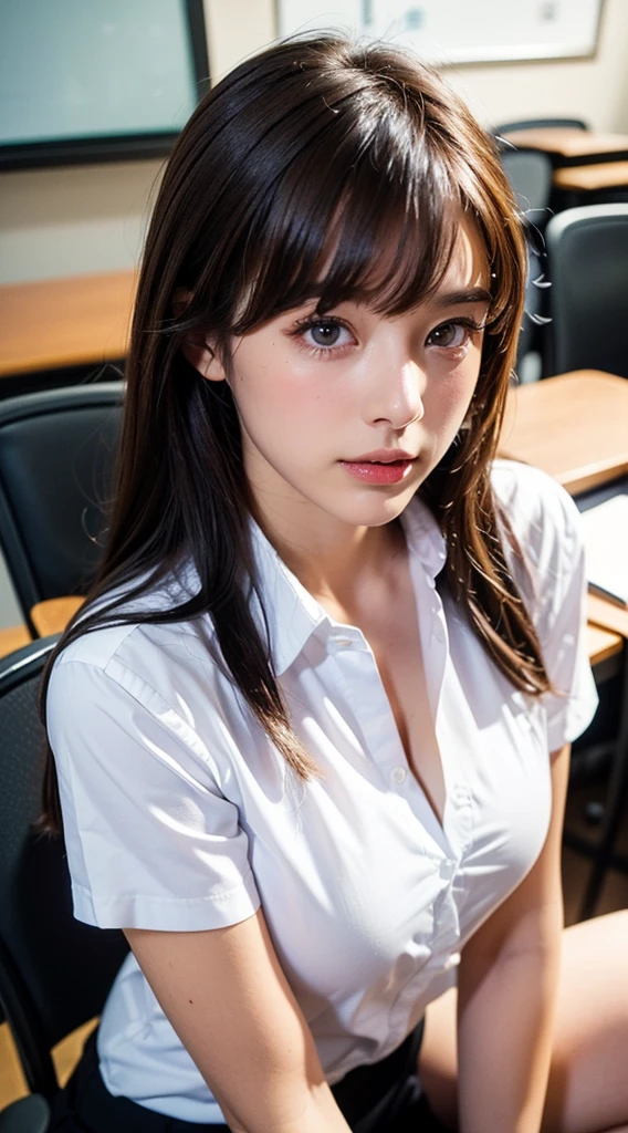 ((Highest quality, High resolution, Hmph, Pixel perfect, 4K, Hmph, Hmph))), single, alone, Beauty、The whole body is visible、 ((Long Hair, bangs, Brown Hair)), ((Brown eyes, Beautiful eyelashes, Realistic eyes)), ((Detailed face, Blushing:1.2)), ((Smooth texture:0.75, Realistic texture:0.65, Realistic:1.1, Detailed Photos)), Medium chest, Dynamic Angle, Perfect body, ((Unbuttoned shirt、I'm not wearing shoes、White Sox)), An empty classroom、Sit at a desk、Lower'I took my feet off the desk.............................................................、evening、、、Very embarrassing panic smile、(Spread your legs、Knees wide open、Floral lace panties)、、(Pink lace bra)、Angle from below、((Prostitute))、((Sexy))