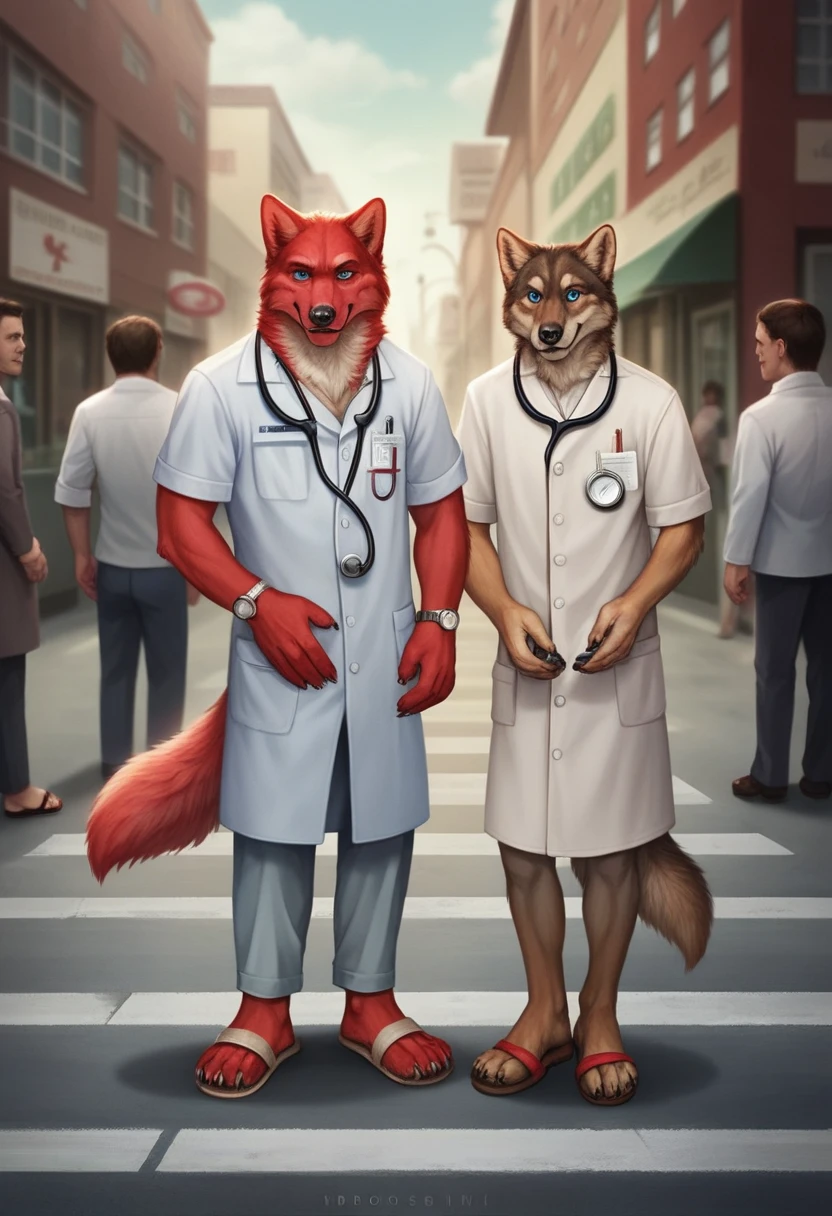 Ivan Fedorovich Wolfbach (Novosibirsk) ,tall handsome, wolf,young, 24 years, brown fur,Kind,(red body:1.3),beautiful blue eyes,Novosibirsk,dressed, medina stethoscope suit,sandals heel,Dr,most kind, canine, wolf, detailed fur, male, antro, paw pads, finger claws,at viewer, 5 fingers, paws, 5 fingers, smile, wrist watch, т nextel,by xenoforge, (difficult, high detail, digital photography, soft focus, RAW species палаты ,very close to the camera, species,Novosibirsk, smile, a good mood, positive, very close to the camera,on the street, stethoscope, in the neck,coming,Doctor, sandals, 
Photorealism, realistic, photorealistic, digital style, Subsurface scattering,Looking at the viewer,
masterpiece, Best quality, ultra realistic, 8 k)
