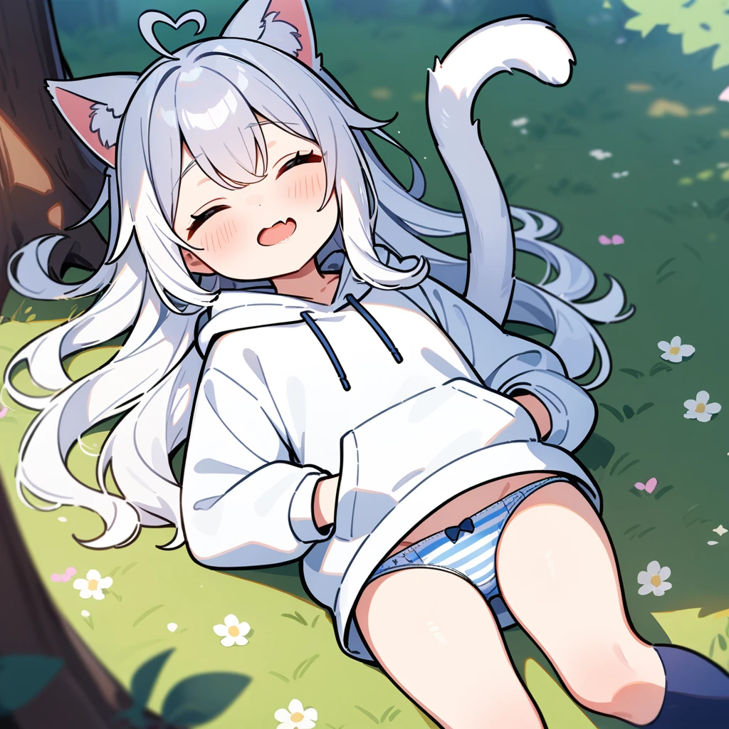 （masterpiece：1.2，high quality），8K，High resolution，A seven-year-old girl，cute girl，white hair，long hair，Sleeping，heart ahoge，cat ears，laughing，skin fang，saliva，Wear a white hoodie，no shorts，Blue and white striped panties，Bows on panties，Lying in the forest，There are flowering trees on both sides，primary school student，thigh，Calf，Blue socks，cat tail，alone，（Put your hands in your pockets）
