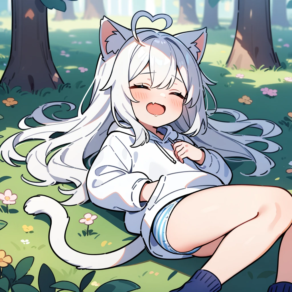 (masterpiece:1.2,high quality),8K,High resolution,A seven-year-old girl,cute girl,white hair,long hair,Sleeping,heart ahoge,cat ears,laughing,skin fang,saliva,Wear a white hoodie,no shorts,Blue and white striped panties,Bows on panties,Lying in the forest,There are flowering trees on both sides,primary school student,thigh,Calf,Blue socks,cat tail,alone,(Put your hands in your pockets)