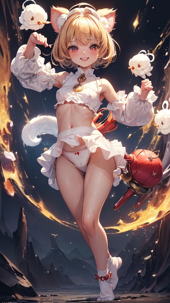 (masterpiece, highest quality, ultra high res, ultra detailed:1.3), 1 cute girl, 18yo, ideal ratio body proportions, blonde short hair, (red magical girl outfit, black frilled :1.3), puffy shoulders,  arms, magic wand, (white cotton , 1 strange small animals:1.6), dynamic pose, night city, clothes covered , smiling, 