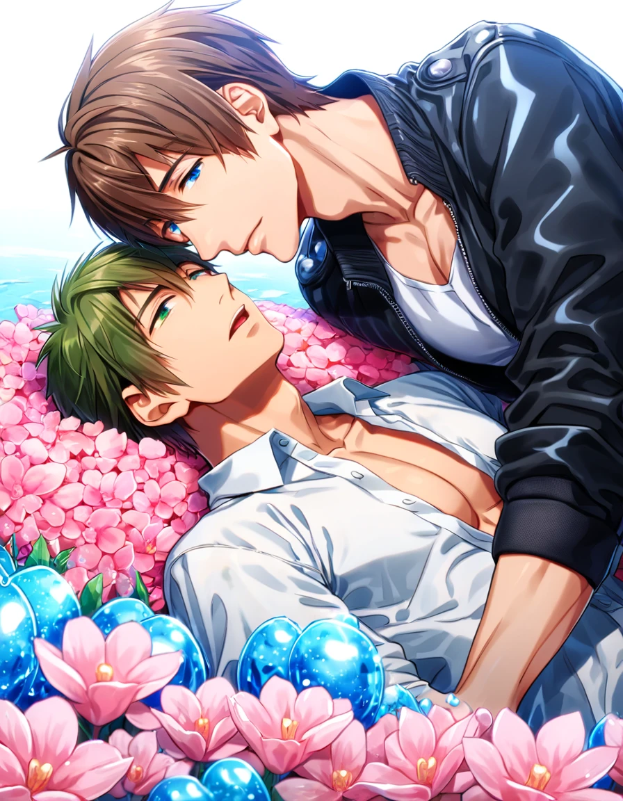 absurdres, highres, ultra detailed, HDR, master piece, best quality, Tachibana Makoto, brown hair, expressive green eyes, Free!, Nanase Haruka, black hair, expressive blue eyes, two sexy men together, gay couple, yaoi, handsome, black leather jacket, white shirt, fantasy, shining, water, pink flowers, pink blossoms, pink butterflies, pink petals
