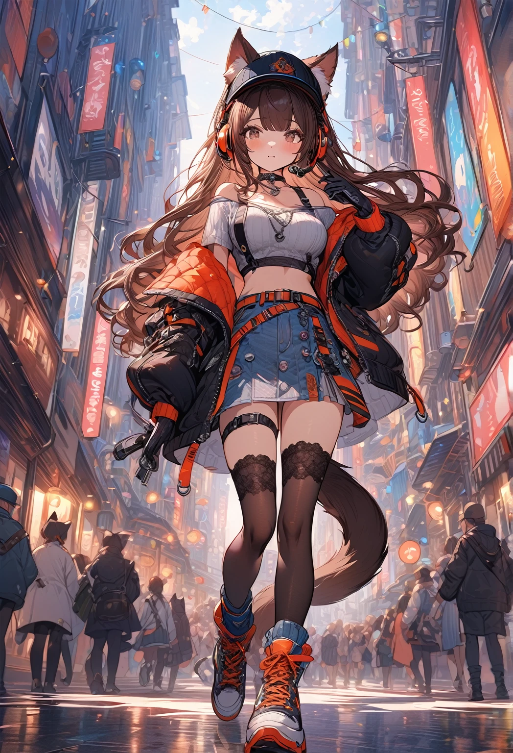 ((masterpiece:0), best quality, very aesthetic:2, newest, absurdres, detailed, high quality)
BREAK
highest quality, top quality, details, highres, ultra fine painting, digital art, official art, cinematic, 4k, 8k resolution, 8K CG wallpaper, CG, original artwork, detailed background, colorful background, blue atmosphere, High Dynamic Range, blurry background, blue hour, Starburst effects, crepuscular rays, good ISO, high resolution, wide shot, from far away, RAW photo, POV, sharp focus, light reflection, reflections, intricate details, soft light, particle noise, professional photography, bokeh, depth of field, natural lighting, vibrant colors, looking away, detailed lights and shadows, stylish, ultra-detailed, top rated on Pixiv, trending on Artstation, niji style, modern-days, master crafted, pose
BREAK
solo, 1girl, a girl, correct fingers, detailed hair, (medium big breasts:1.2), big thighs, short torso, short body, flushtered, blush, anxious expression, casual, slim, ((cute, childlike face):1.3), nice hips, nice body, brown hair, (long flowing hair:1.1), big 2 buns hairstyle, long bangs, long hair, middle hair bangs, brown eyes
BREAK
((colorful outfit), off shoulder crop top, short skirt, headphone, jacket, casual cap, belts, straps, choker, gloves, boots, (stockings), garterbelt, accessories, outfit ornaments, sneakers, kemonomimi, 1 tail, correct tail, (full body))
BREAK
a person walking down a street with a crowd of people, crowded street, crowded streets, in front of a large crowd, giant crowd, girl walking through city, people walking down a street