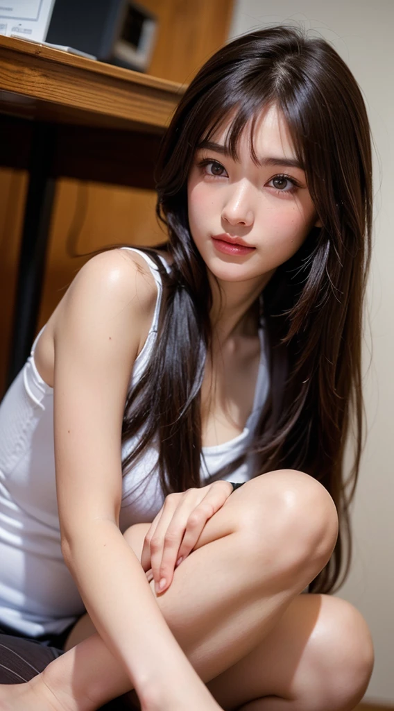 ((Highest quality, High resolution, Hmph, Pixel perfect, 4K, Hmph, Hmph))), single, alone, Beauty、The whole body is visible、 ((Long Hair, bangs, Brown Hair)), ((Brown eyes, Beautiful eyelashes, Realistic eyes)), ((Detailed face, Blushing:1.2)), ((Smooth texture:0.75, Realistic texture:0.65, Realistic:1.1, Detailed Photos)), Medium chest, Dynamic Angle, Perfect body, ((ボタンをoutsideしたシャツ、I'm not wearing shoes、White Sox)), outside、Sit at a desk、Lower&#39;I took my feet off the desk.............................................................、evening、、、Very embarrassing panic smile、(Spread your legs、Knees wide open、Floral lace panties)、、(Pink lace bra)、Angle from below、((Prostitute))、((Sexy))