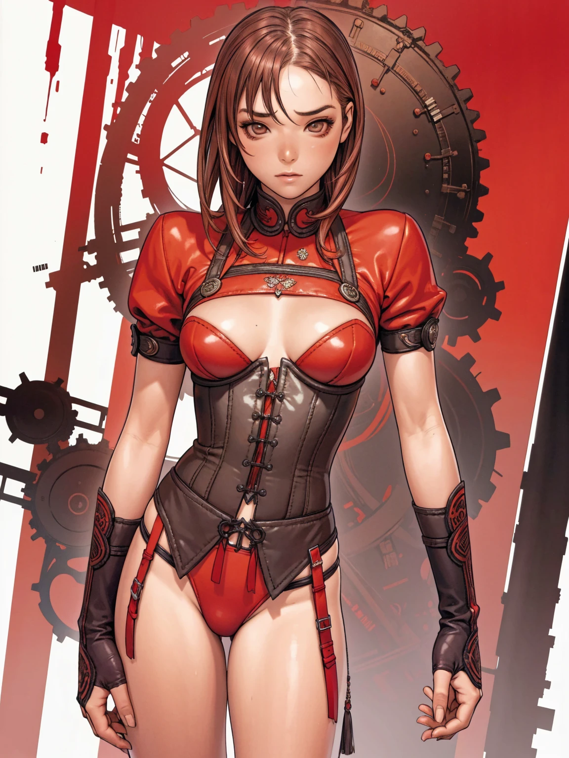 (((red suit))), red is the predominant color, ((love the league))), ((( red victorian corset ))), 1 girl, (((standing alone))), Poster, Russian propaganda style, pirralha violent, ***, sexly, pose de atitude, work of art, post-apocalypse, (((manga style))), redhead with white highlights, bounty hunter, violent, Manic, the way you want, slenderbody, thin but strong, perfectbody, roupa moderna, advanced technology, messy bob hair, colored hair, (((best qualityer))), tiny micro skirt with checkered pattern in red and black, Victorian bodice with braided cord, “X” breast cover, love vitoriana league, ((pose sexly)), background wall with absurdly detailed gears and machines, (( from the knee up )). intricate visual, steampunk style