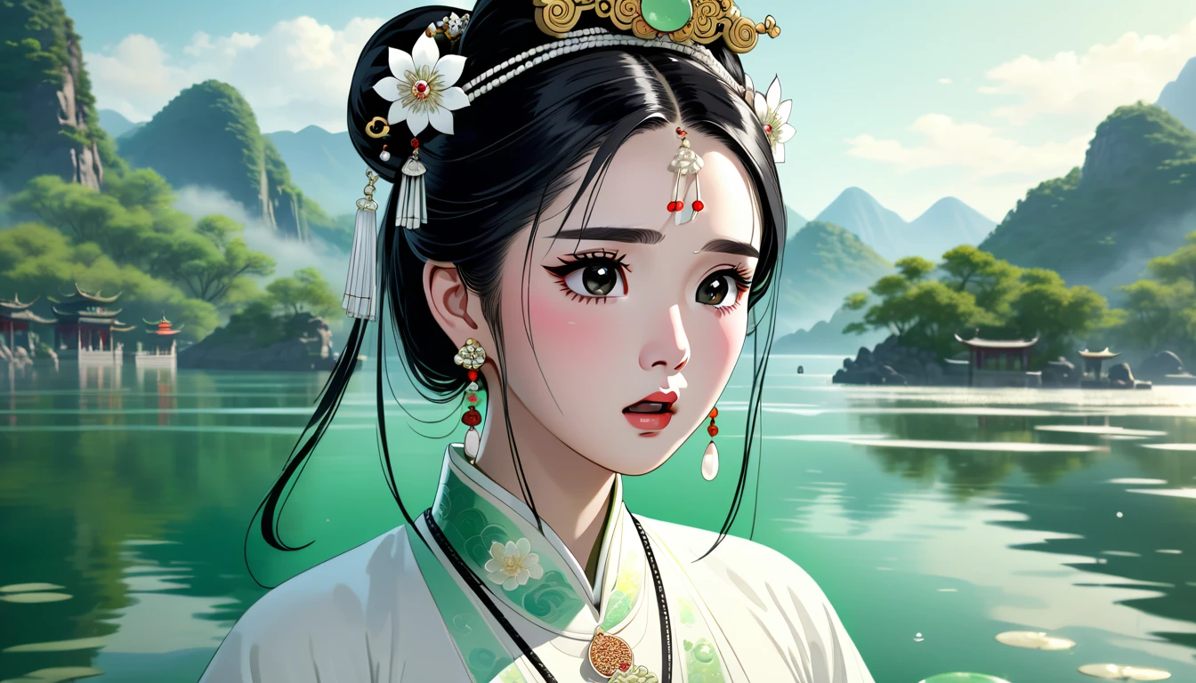 a beautiful young chinese woman named amy, oval face, fair skin, black eyes, arched eyebrows, long black hair styled in a high bun, wearing a white traditional chinese dress, white crown headpiece, white earrings, white necklace and bracelet, shocked expression after accidentally dropping a jade pendant into the lake, (best quality,4k,8k,highres,masterpiece:1.2),ultra-detailed,(realistic,photorealistic,photo-realistic:1.37),HDR,UHD,studio lighting,ultra-fine painting,sharp focus,physically-based rendering,extreme detail description,professional,vivid colors,bokeh,portrait,fantasy