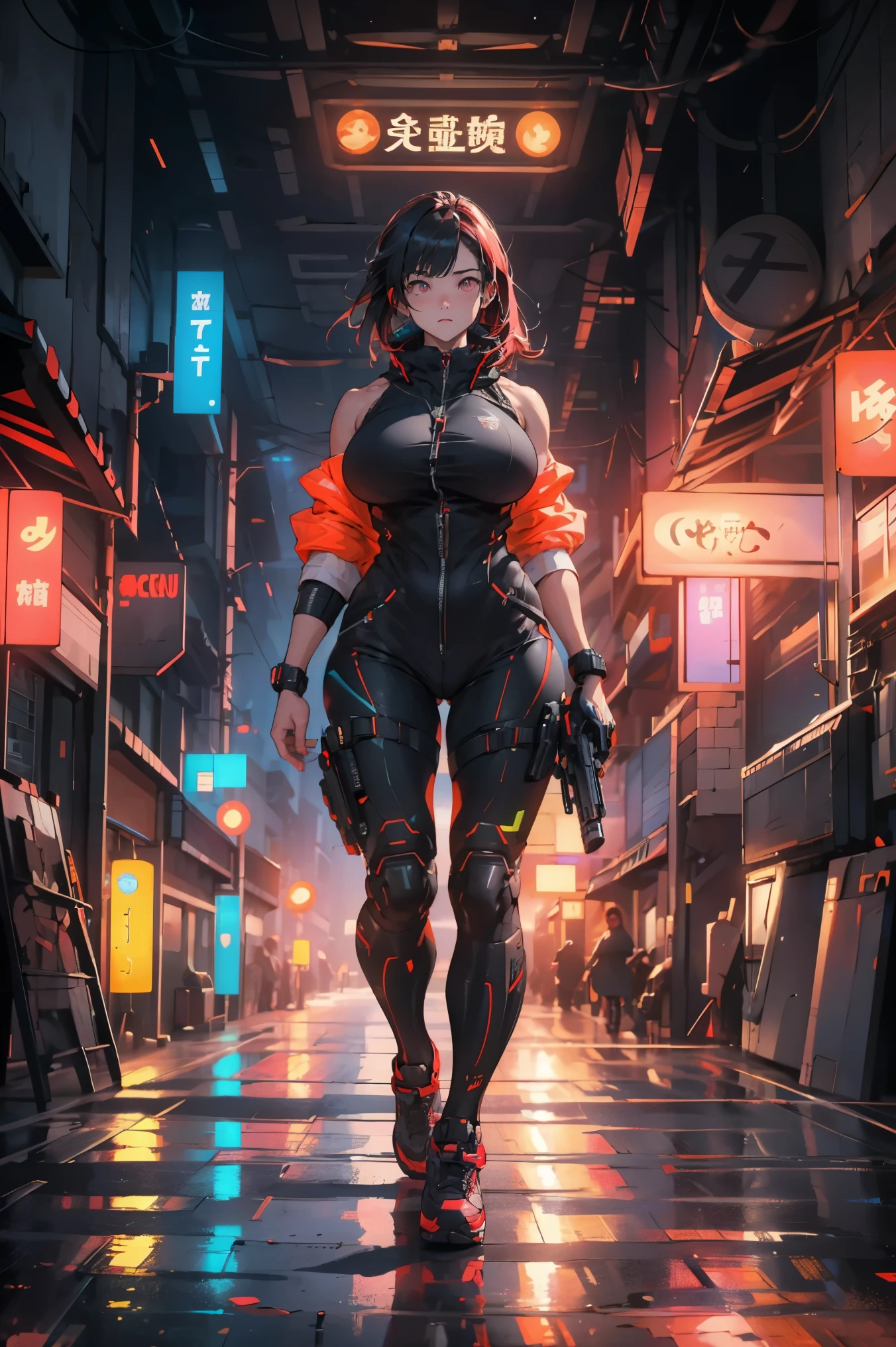 Muscle Special Forces Girl，Eyes glow,  Wearing black special forces gear, With a gun in hand, Full Body Love, Shooting at knee height, Cyberpunk, Neon, Futuristic, Surrealism, Red，3d, Redshift, maxon Cinema 4D, Quaixel Megascan Rendering, Doomsday colors, Red light, Futuristic, 1/3, High Detail, Ultra-high quality, Unreal Engine, 8K,huge , Crazy breast swelling, Chest larger than shoulder blades, Big breasts and thin waist，(huge breasts:1.2)，Hydrated skin（（rogue））（（非常huge乳房）），（（Grooves reveal original skin）)