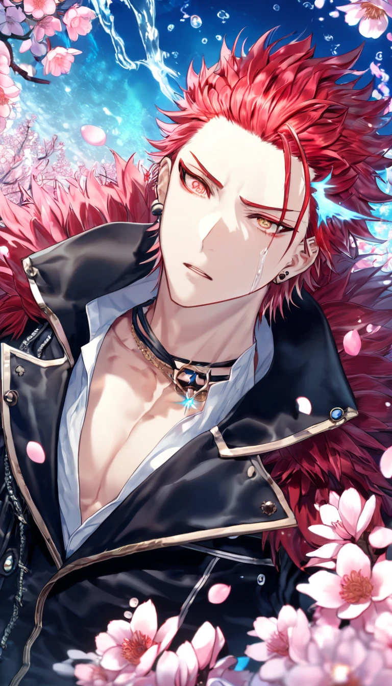 absurdres, highres, ultra detailed, HDR, master piece, Suoh Mikoto, red hair, hair is kept short, ruffled, slicked back and spiked, with two strands of hair near the opposite sides of his head falling over his face, expressive amber eyes, K Project, black leather jacket with fur, white v-neck shirt, star neckle, sexy man, handsome, best quality, blossoms, pink petals, pink flowers, water, fantasy, magical, blue shining fireflies, a piercing, solo, toned chest
