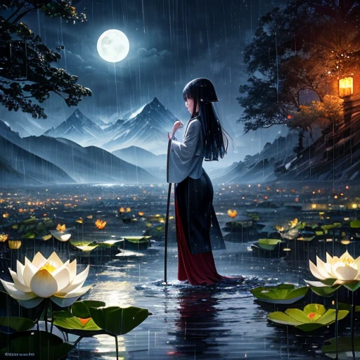 At night, Only moonlight illuminates, Distorted Moon, Distant Mountain々, Beautiful large lotus flower nearby, Big red lotus flower, Water flowing nearby, Frog, Summer full of joy, Distorted Moon in the sky mixed with stars, Awesome Wallpapers, Rainy night, Rainy night, Beautiful and beautiful, movie, High detail ((heavy rain))), 8K Woman wearing Ao Dai