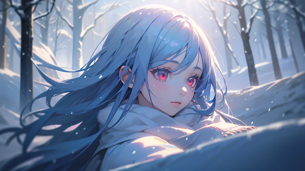 1girl, long blue hair, red eyes, scarf, snow landscape, sunlight reflecting on snow, volumetric lighting, cinematic lighting, depth of field, highly detailed, 8k, photorealistic, masterpiece, studio lighting, intricate details, beautiful detailed eyes, beautiful detailed lips, extremely detailed face, elegant pose