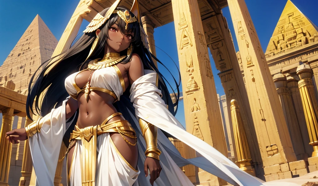 Black-haired, dark-skinned, flat-chested girl,gold necklace,white egyptian clothing,cleavage,Bare waist,desert,underwear,Standing,pyramid,sphinx