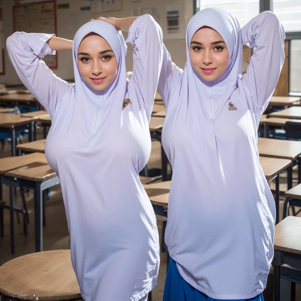 1girl, white dress, wearing hijab, blue skirt, long sleeve,, classroom background, beautiful, pretty, blushing, flawless, best quality, masterpiece, ultra high res, (photorealistic:1.4), raw photo, (large breasts,full body:1.2), ((closed clothes)), ((both arms behind the head)), ((wearing short hijab))