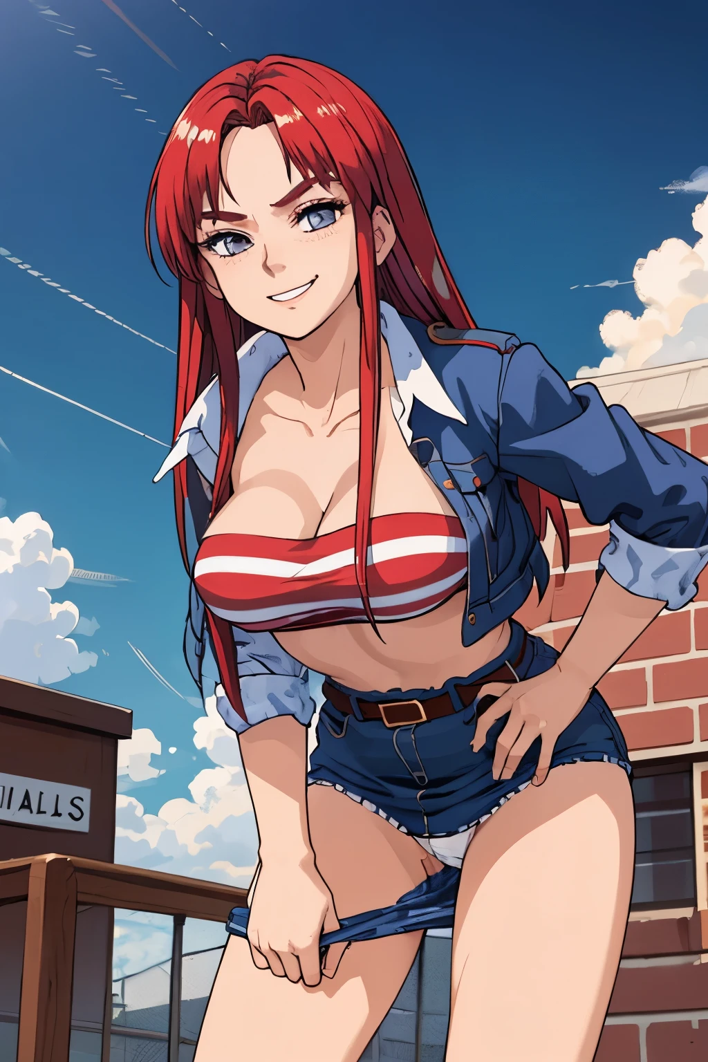 masterpiece, best quality, yukaii, jacket, sleeves rolled up, tube top, striped, belt, white , large breasts, standing, cowboy shot, smirk, leaning forward, from below, sky, clouds