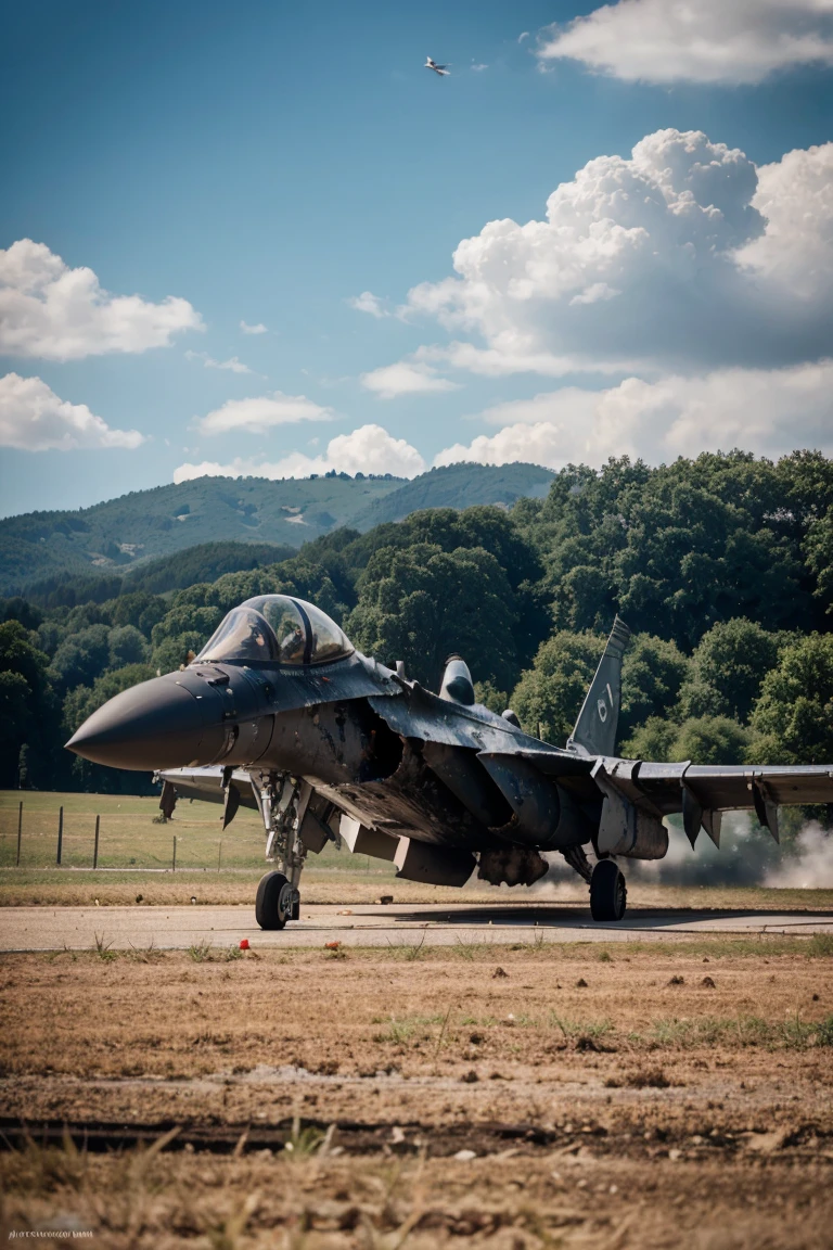 A Su-35 aircraft, totalmente destroyed, em chamas, He's on the ground, destroyed, in Germany, in a rural location, in ultra realistic 8k, with cinema effect 