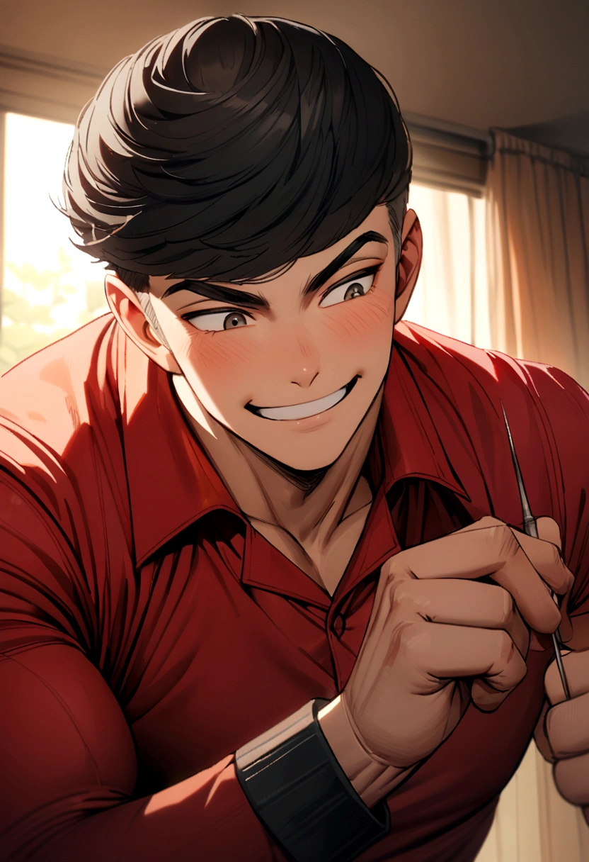 a happy muscular boy with short black hair toupee in a red shirt being pricked by a needle 