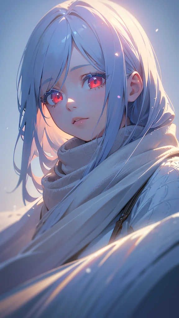 1girl, long sky blue hair, red eyes, scarf, snow landscape, sunlight reflecting on snow, volumetric lighting, cinematic lighting, depth of field, highly detailed, 8k, photorealistic, masterpiece, studio lighting, intricate details, beautiful detailed eyes, beautiful detailed lips, extremely detailed face, elegant pose