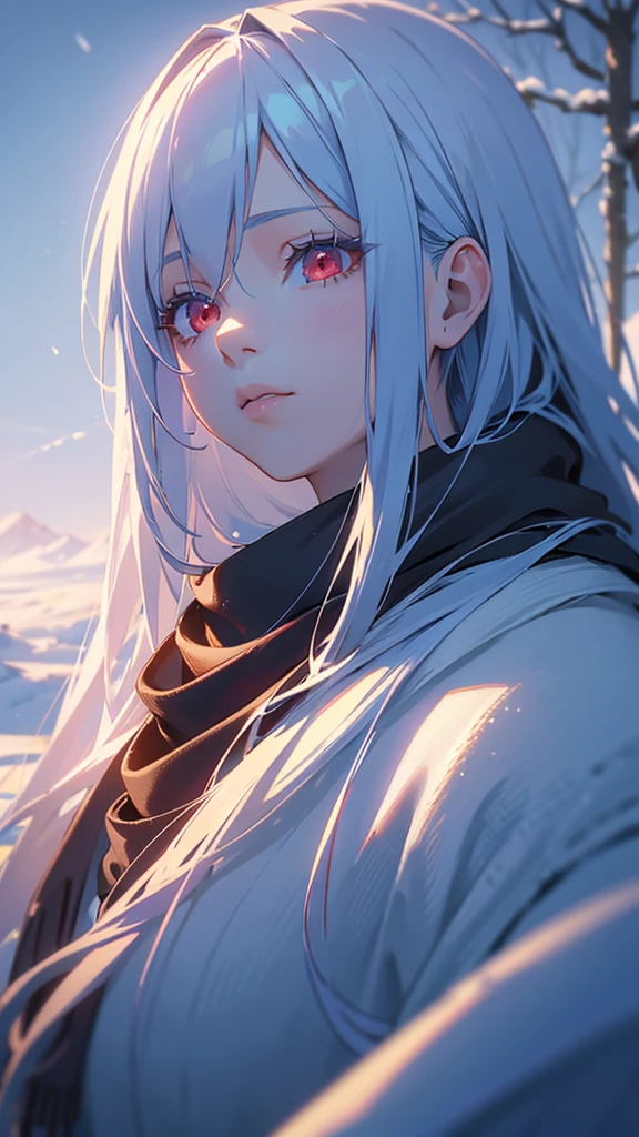 1girl, long sky blue hair, red eyes, scarf, snow landscape, sunlight reflecting on snow, volumetric lighting, cinematic lighting, depth of field, highly detailed, 8k, photorealistic, masterpiece, studio lighting, intricate details, beautiful detailed eyes, beautiful detailed lips, extremely detailed face, elegant pose