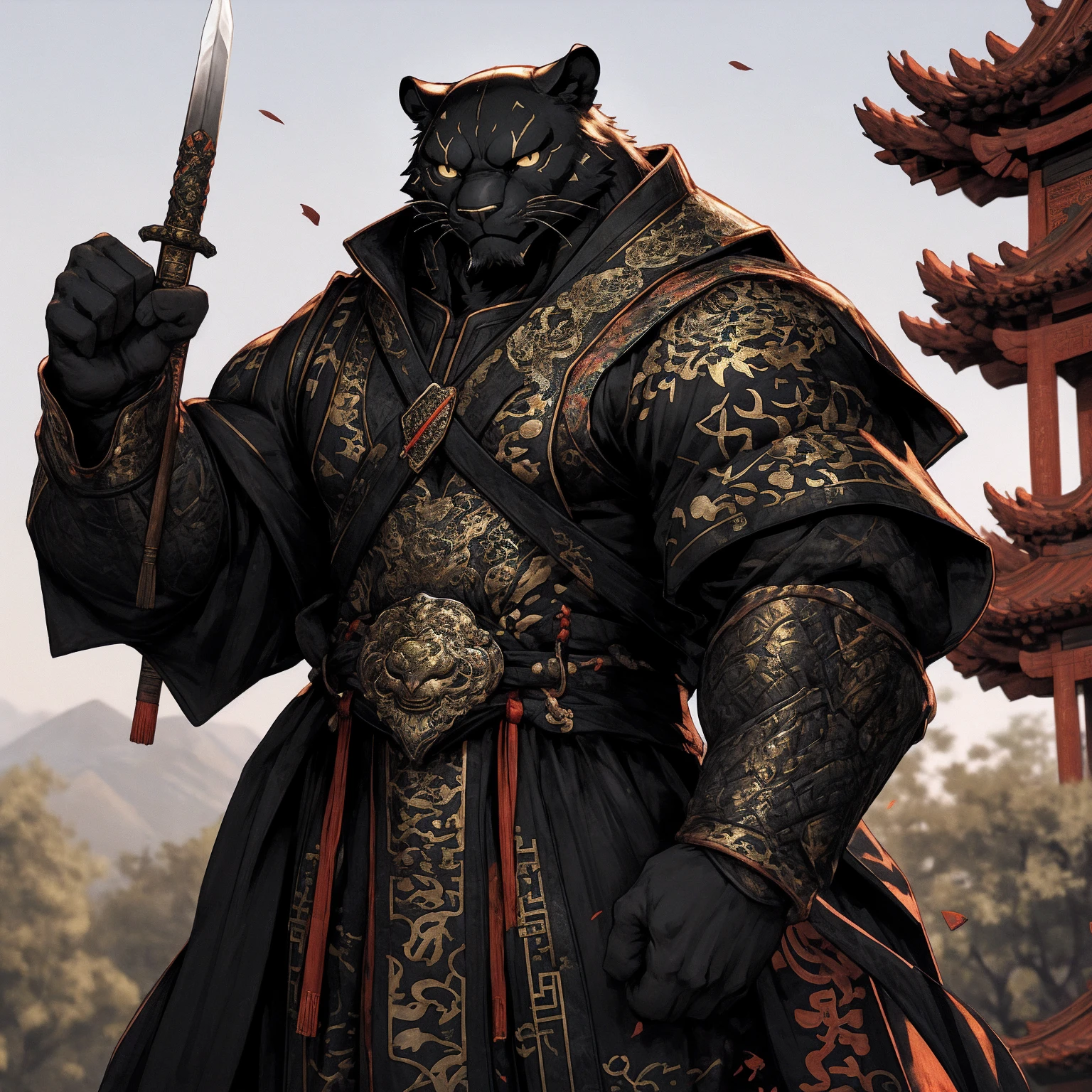 (Black Panther),(Black combat robe),Holding a spear,Powerful gesture,Stand confidently and proudly,Chinese style general holding a sword looking into the distance Longcheng middle-aged serious face beard,Strong,muscle,(high resolution:1.3)