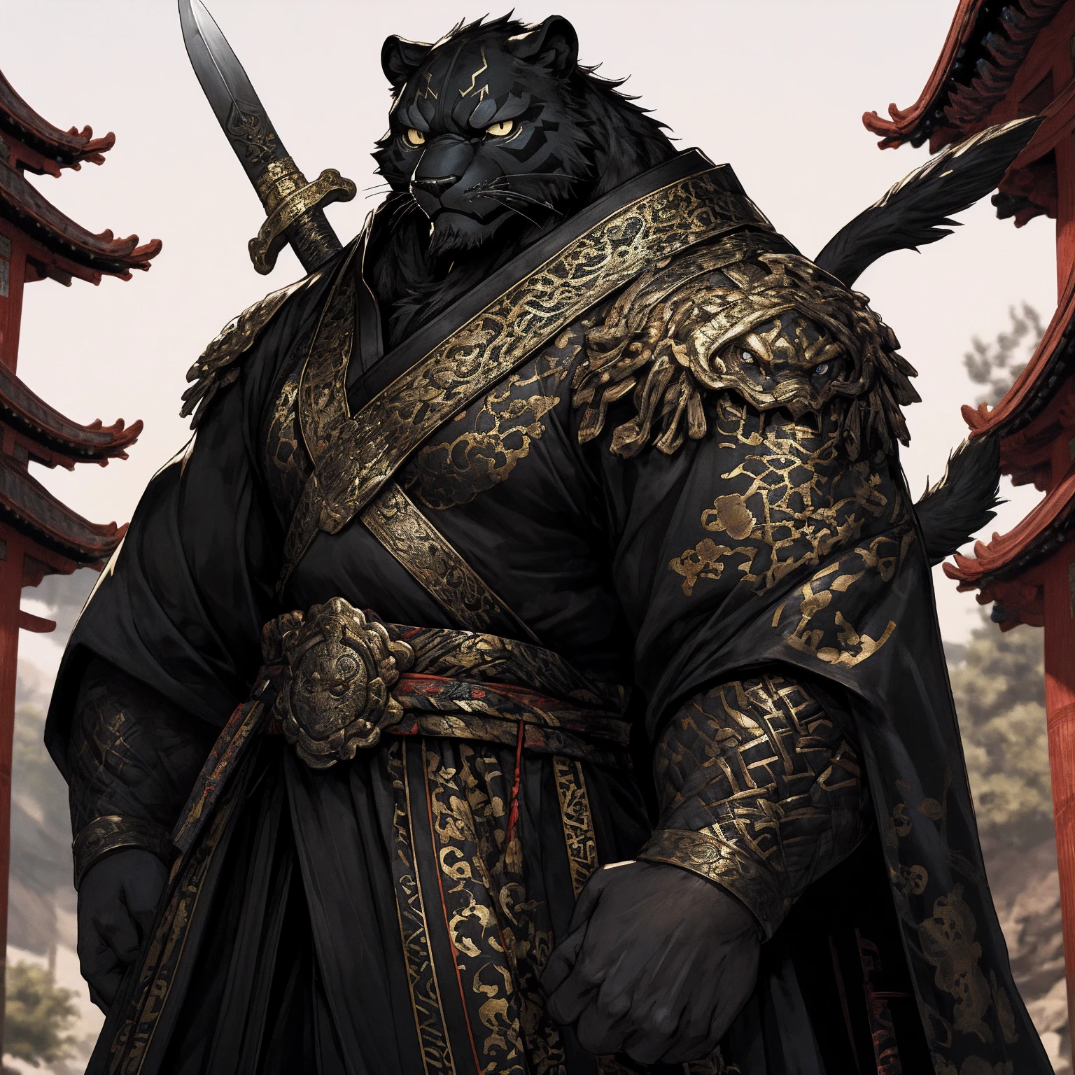 (Black Panther),(Black combat robe),Holding a spear,Powerful gesture,Stand confidently and proudly,Chinese style general holding a sword looking into the distance Longcheng middle-aged serious face beard,Strong,muscle,(high resolution:1.3)