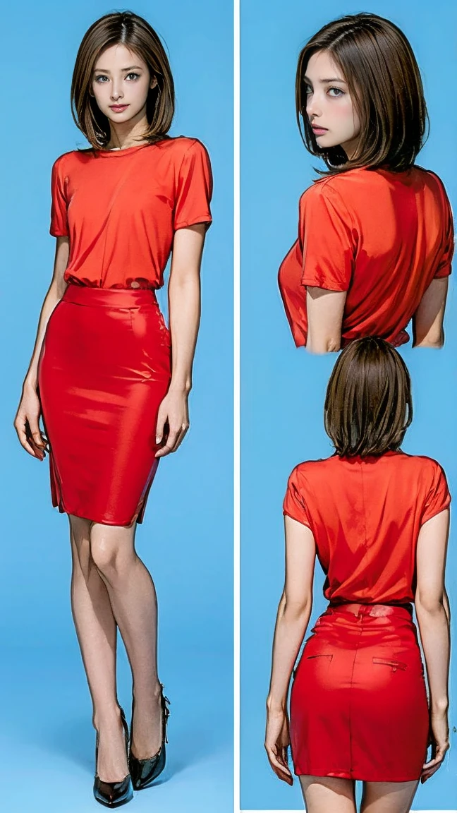 ((masterpiece)),(((Highest quality))),((Reference Sheet, Character Design)), (Very slim:1.4), (Very small ass:1.4), Realistic buttocks, Medium chest,Short Bob, Thin thighs, Long legs,1 Girl,expensive,Long legs,Red Lip Big Wave,Royal Sister Fan,Fashionable clothes,Tight Bottom Skirt,High heels,Outdoor during the day,ウォーキングStreet,Street,Super cool