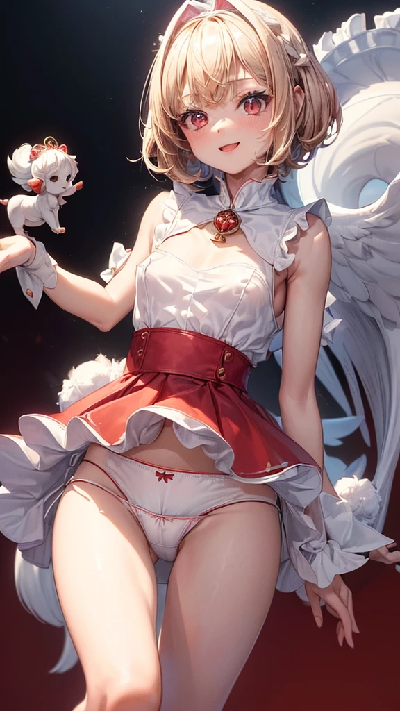 (masterpiece, highest quality, ultra high res, ultra detailed:1.3), 1 cute girl, 18yo, ideal ratio body proportions, blonde short hair, (red magical girl outfit, black frilled :1.3), puffy shoulders,  arms, magic wand, (white cotton , 1 strange small animals:1.6), dynamic pose, night city, clothes covered , smiling, 