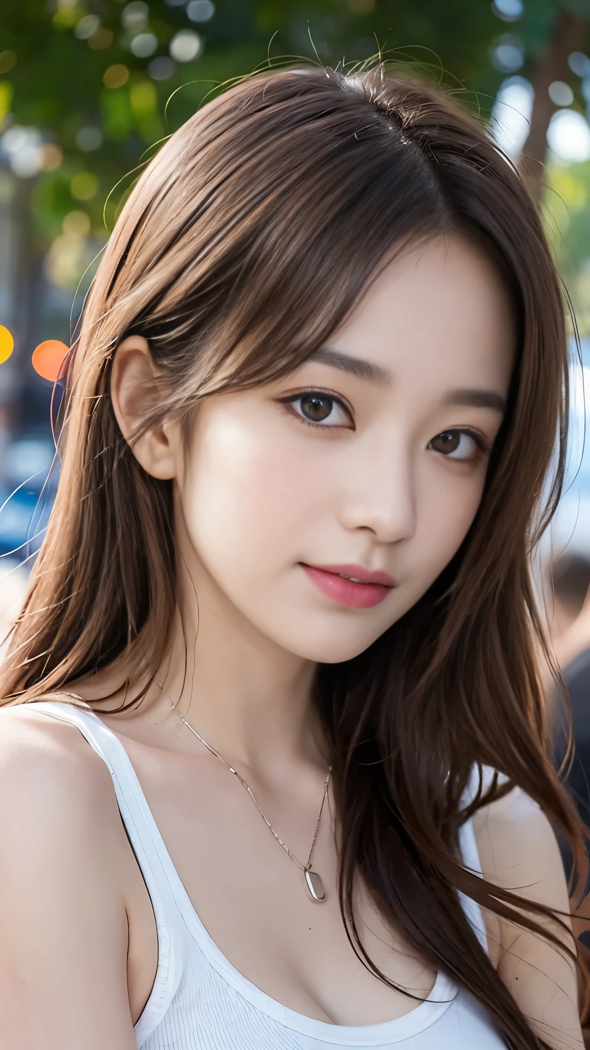 ((Realistic lighting、Highest quality、8K、Masterpiece:1.3))、Clear focus:1.2、 girl、Perfect Body Beauty:1.4、Slim Abs:1.1、whole body、((Dark brown hair、Large Breasts:1.3))、(Acceleration:1.4)、(nice、Dawn:1.1)、View of Waikiki Beach、Palm tree、Narrow Face、Beautiful Eyes、double eyelid、Fashion model posing、Floating Hair、T-Shirts、pendant、Cleavage、smile