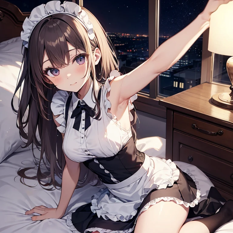 A maid, (in bedroom), various hair styles, night, details face, short skirt, seducing, sleeveless, maid uniform, armpits, laying on bed