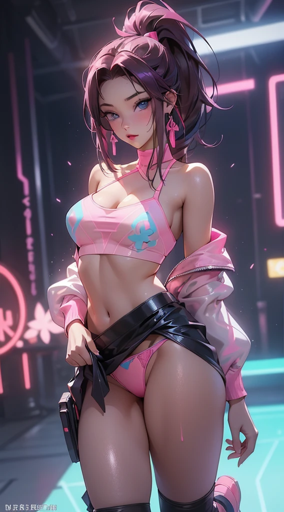 mature girl, idol girl, Super beautiful Asian girl with very beautiful bright violet eyes, beautiful multicolored shiny brown hair, High ponytail, Nice and sexy body, Skinny body, perfect body, An anime printed super tight off the shoulder long sleeve crop top, A super aesthetic transparent mini jacket, beautiful hair ornament, Pink Jordan sneakers, Being photographed in a mall store,( Undress,),8K more detailed.unreal engine:1.4,HD,La Best Quality:1.4, photorealistic:1.4, skin texture:1.4, Masterpiece:1.8,first work, Best Quality,object object], (detailed facial features:1.3),(detailed hands),((The correct proportions)),(Tokyo city background cyberpunkAI colors:1.4),(Beautiful blue eyes), ( Undress, Showing neon pink panties, showing thong: 1.5),