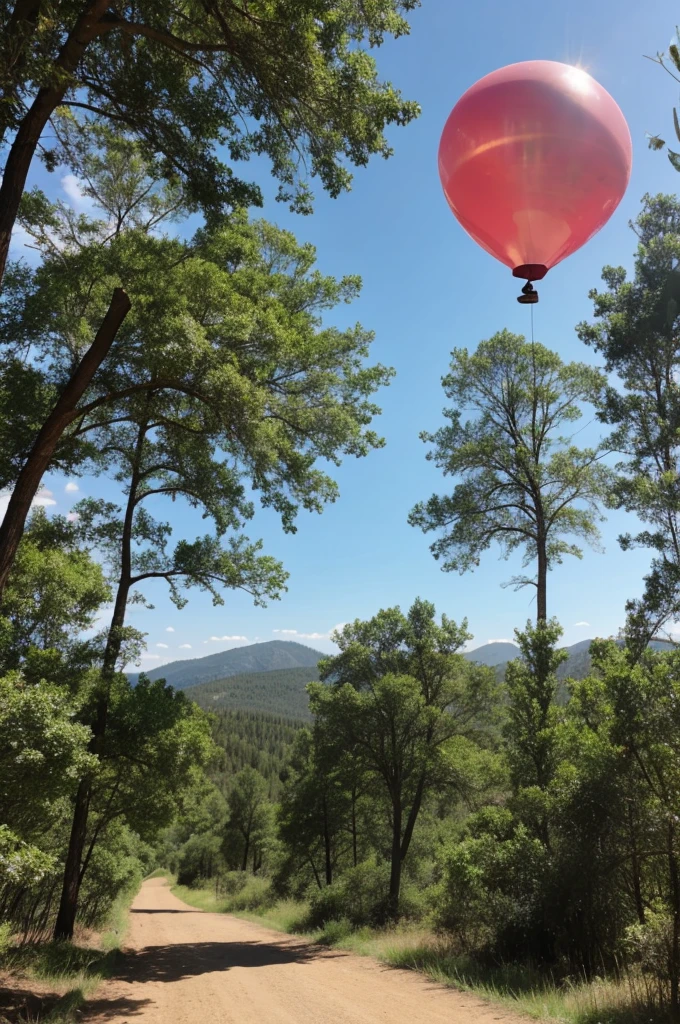 A pink balloon in a desolate forest
