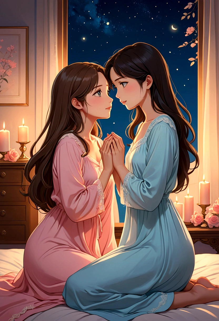 A captivating and tender anime-style illustration of two women kneeling in front of each other and looking at each other with love and complicity. young women expressing deep love and affection for each other. The first woman with Asian features, long dark hair, shy, wears a delicate pastel pink nightgown and gently holds a handkerchief. The second woman, with semi-long light brown hair and British features, is dressed in a light pastel blue nightgown. Her eyes are caught in a look full of love and tenderness. The setting is a luxurious and elegant bedroom, illuminated by the soft glow of candles, creating a warm and intimate atmosphere.