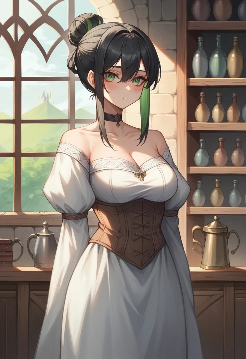  1 girl, standing alone, greeneyes, choker, hair between the eyes, multicolored hair, cabelo roxo, Bblack hair, hair bun, shorth hair, breasts big ,, blush,  complex detailed background, por dentro, castle room environment, medieval castle, gray walls, window, shelf, (cowboy shot),  