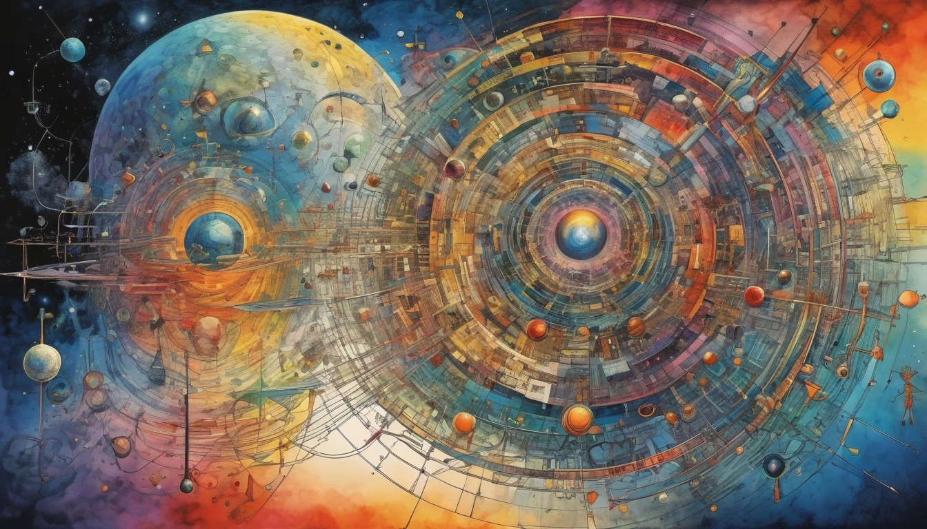 Illustration by Carl Jung who discovers the fundamental equations of the multiverse, Formulas, Mathematical Symbols, award-winning art, 8K, hdr, vibrant and colorful, work of art, art inspired by (Ghibli and Yoji Shinkawa Studio)