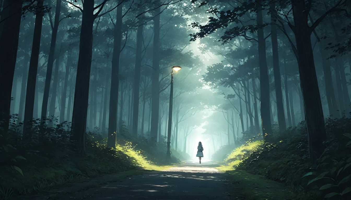 a girl walking through a dark forest, well-maintained path, a lone streetlight, anime style, seen from a distance, beautiful atmosphere, intricate details, highly detailed, photorealistic, dramatic lighting, glowing streetlight, cinematic composition, muted color palette, ethereal, mystical