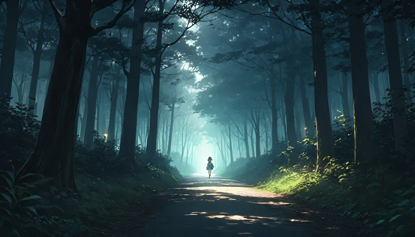 a girl walking through a dark forest, well-maintained path, a lone streetlight, anime style, seen from a distance, beautiful atmosphere, intricate details, highly detailed, photorealistic, dramatic lighting, glowing streetlight, cinematic composition, muted color palette, ethereal, mystical