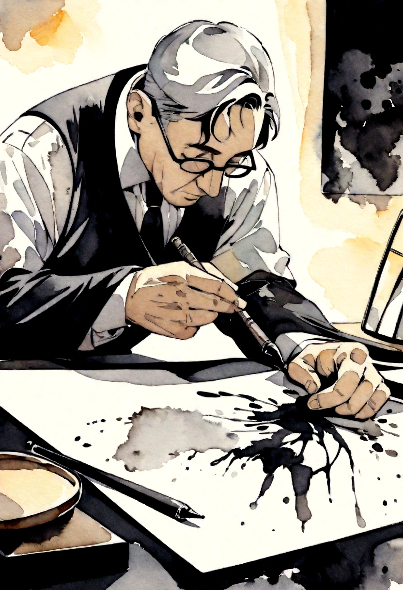 ink art style, black and white, abstract, watercolor painting style, blurs, drawing of a man, artist man, elegant old clothes, writer man, desperate man, writing with ink, very inspired man