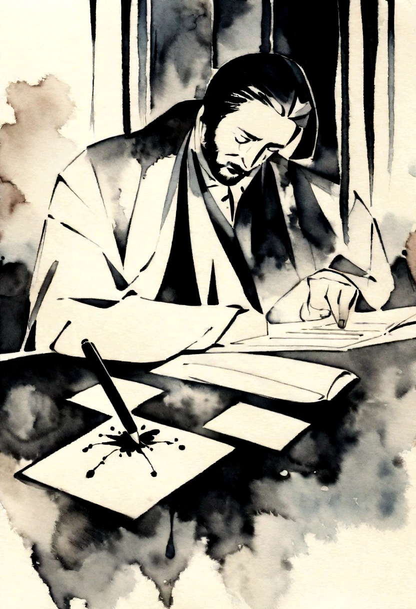ink art style, black and white, abstract, watercolor painting style, blurs, drawing of a man, artist man, elegant old clothes, writer man, desperate man, writing with ink, very inspired man