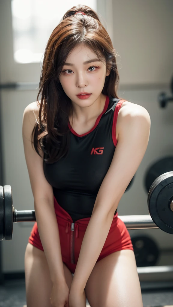 Highly detailed CG Unity 8K wallpapers,top Quority,Super detailed,tmasterpiece,realisticlying,photograph realistic,Very detailed cute girl,25 age old,musculature,Microabs,Round eyes,peeping at the viewer,Be red in the face,parted lip,Half-body shooting,
track suit , gym room,