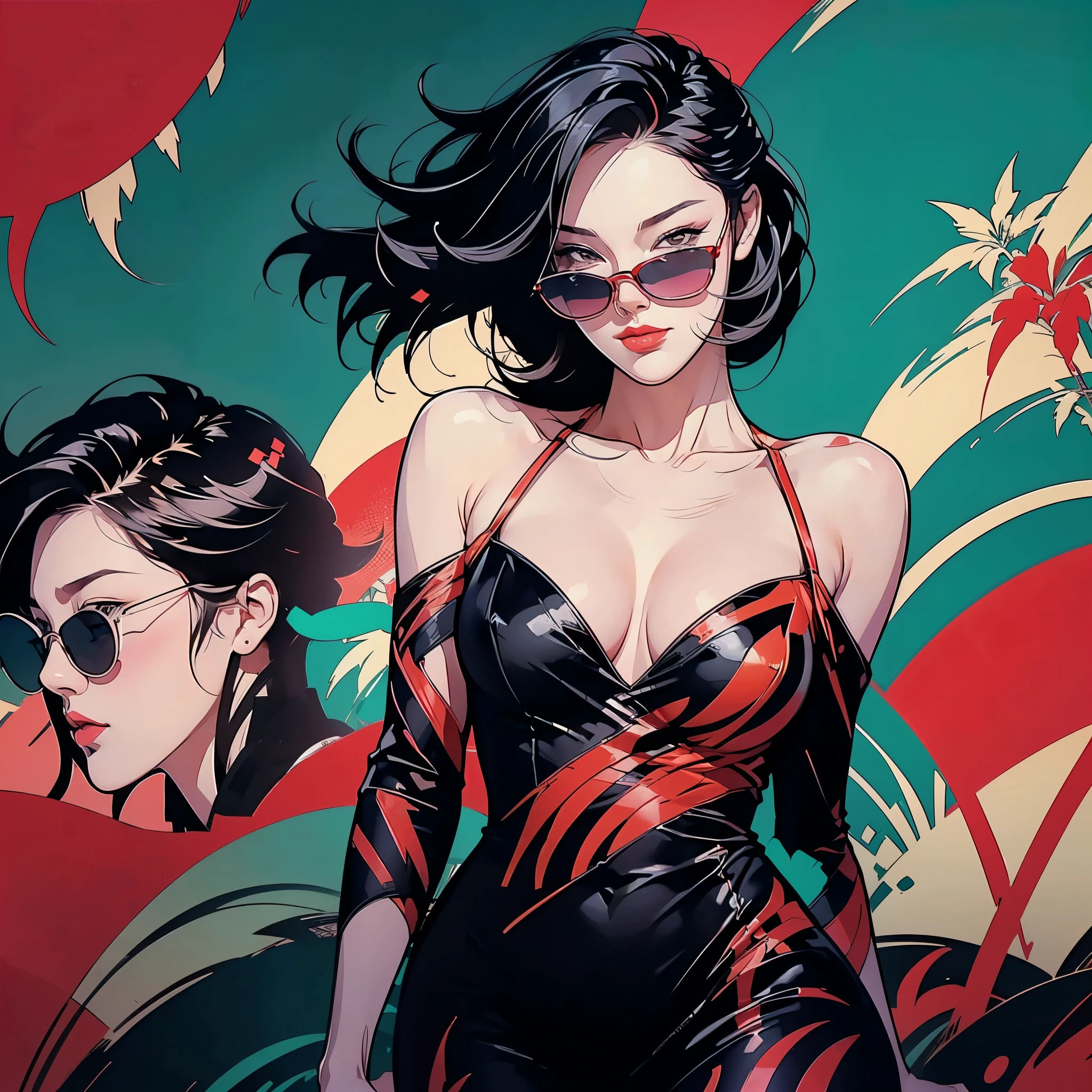 woman in a dress standing in front of simple background, up close, ((Art style by Patrick Nagel)), ((8k, wallpaper, detailed)), dark sunglasses, korean pop-star, black hair, pretty hands, fringe, simple red background, palm trees, (graffiti wall:1.2), strong, courageous, art by Patrick Nagel, album art cover