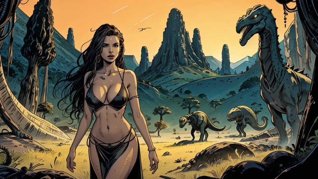 alien landscape with giant monsters, the foreground, a  girl with slender , slender , slender ,, in a long sheer gown cut in slits up to her , low cut between her  to her navel, long flowing hair, , brightly colored monsters, tentacled beasts, dinosaurs, very bright contrasting colors, bright colors, she is a goddess, a goddess,