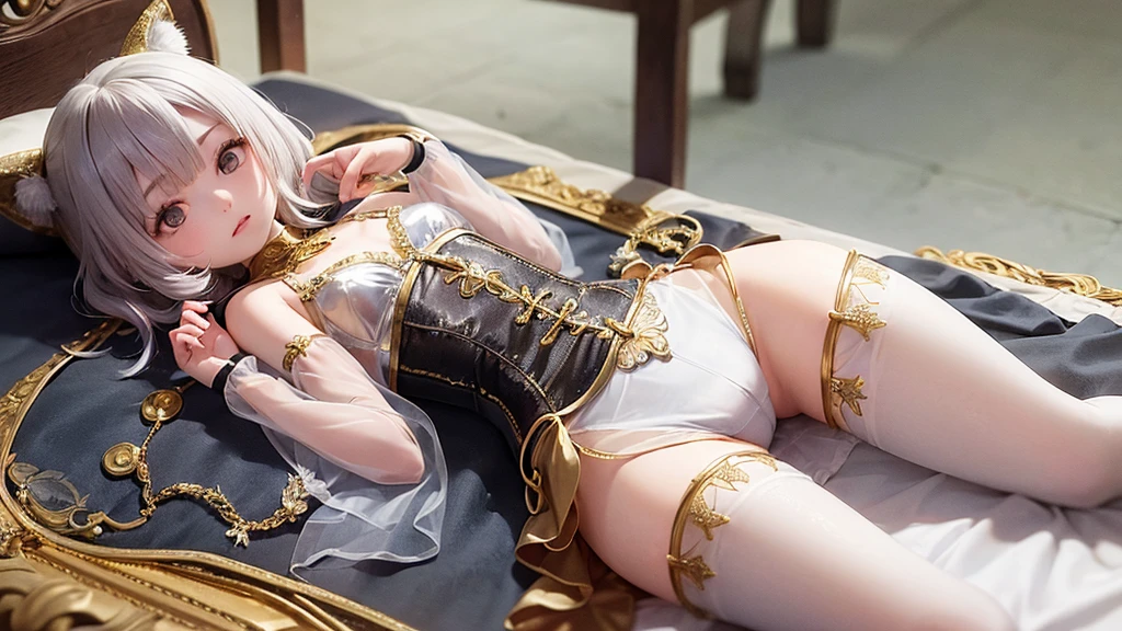 8 year old medieval girl, 1people、In underwear、Gold and silver thread embroidery、She is wearing translucent bloomers that reach below her knees.、Wearing a semi-transparent corset、Translucent slip, Grey translucent tights、sleep