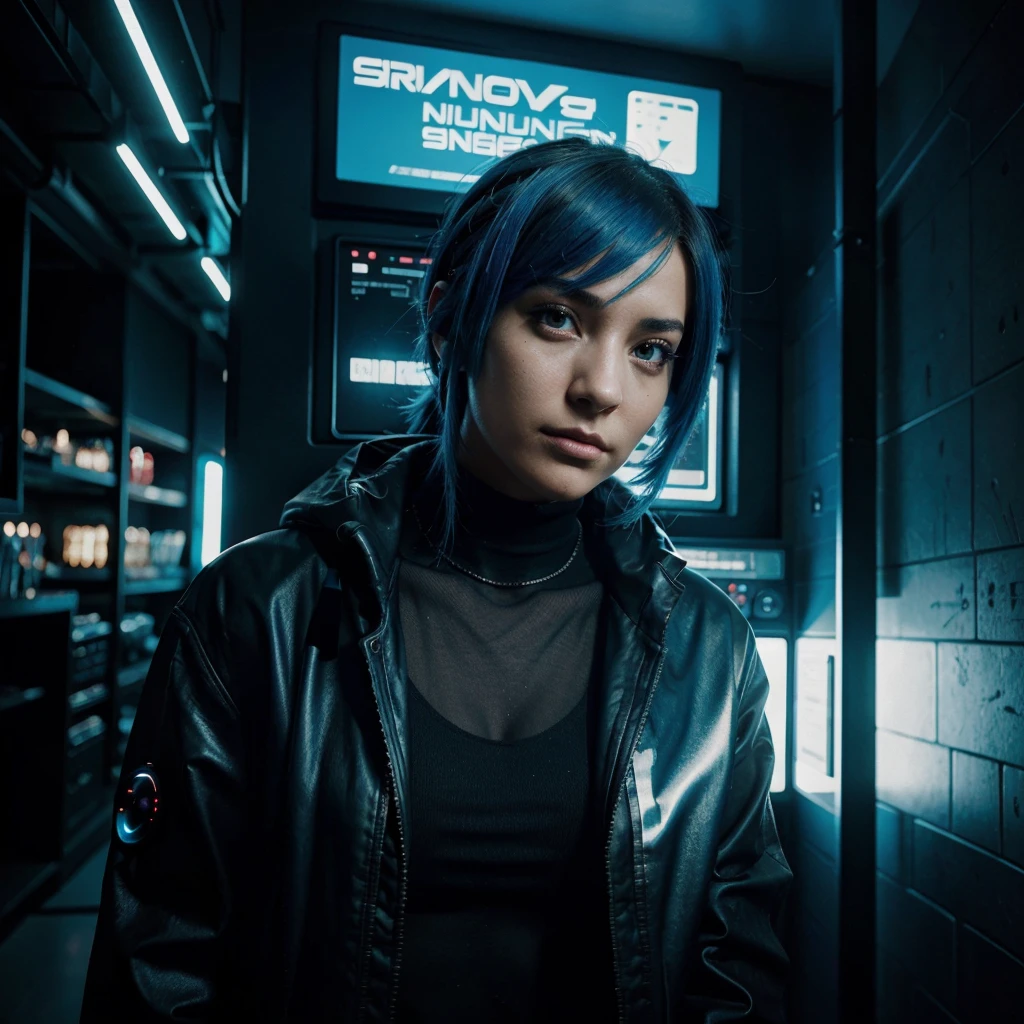 MYSTERY, intrigue, a woman with blue hair and a black jacket in a dark room, dreamy cyberpunk girl, cyberpunk beautiful girl, a teenage cyberpunk cyborg, portrait beautiful science fiction girl, cyberpunk girl, Cyborg - girl, cyberpunk style color, beautiful cyberpunk woman model, beautiful cyberpunk girl face, perfect android girl, female cyberpunk anime girl, chica cyborg, science fiction look, cute chica cyborg