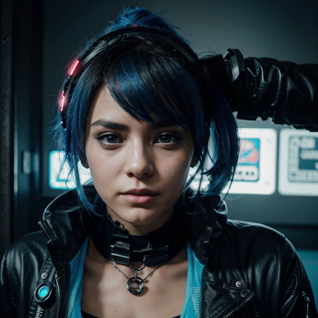 MYSTERY, intrigue, a woman with blue hair and a black jacket in a dark room, dreamy cyberpunk girl, cyberpunk beautiful girl, a teenage cyberpunk cyborg, portrait beautiful science fiction girl, cyberpunk girl, Cyborg - girl, cyberpunk style color, beautiful cyberpunk woman model, beautiful cyberpunk girl face, perfect android girl, female cyberpunk anime girl, chica cyborg, science fiction look, cute chica cyborg