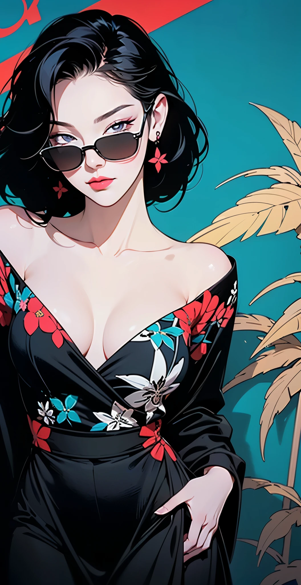 woman in a dress standing in front of simple background, up close, ((Art style by Patrick Nagel)), ((8k, wallpaper, detailed)), dark sunglasses, korean pop-star, black hair, pretty hands, fringe, simple red background, palm trees, (graffiti wall:1.2), strong, courageous, art by Patrick Nagel, album art cover